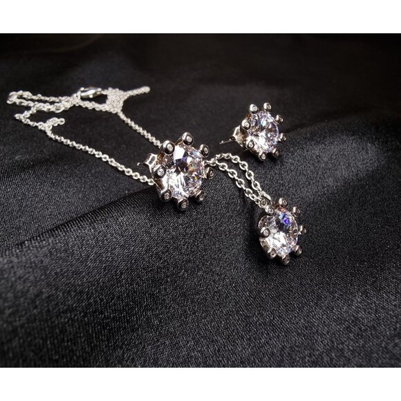 925 Sterling Silver JCL Signed Pendant Necklace & Earrings Set With Round Cut Cu - Picture 5 of 7